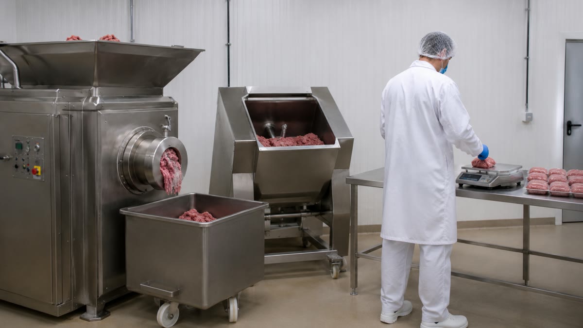 Hala produkcyjna: mielenie, mieszanie i kontrola porcji na wadze