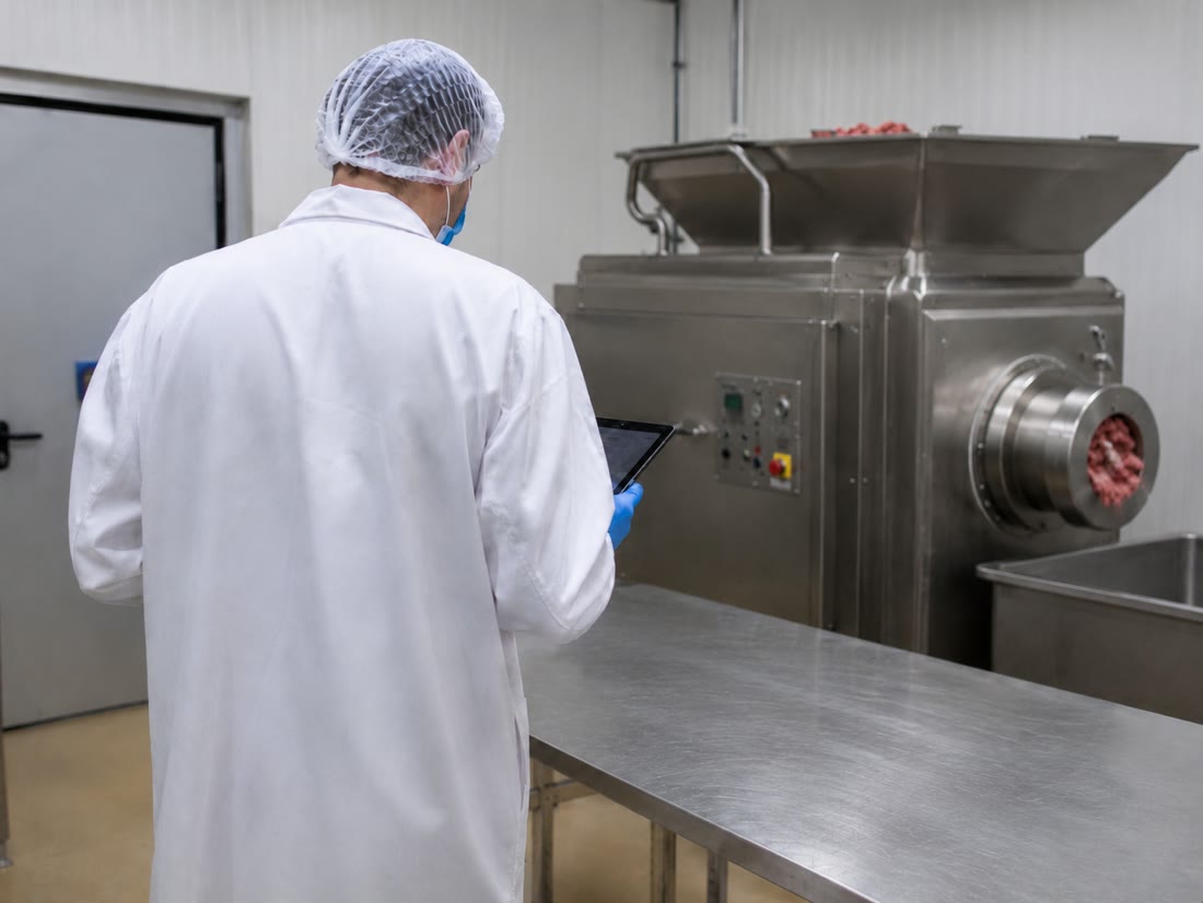 A technologist with a tablet next to production machinery